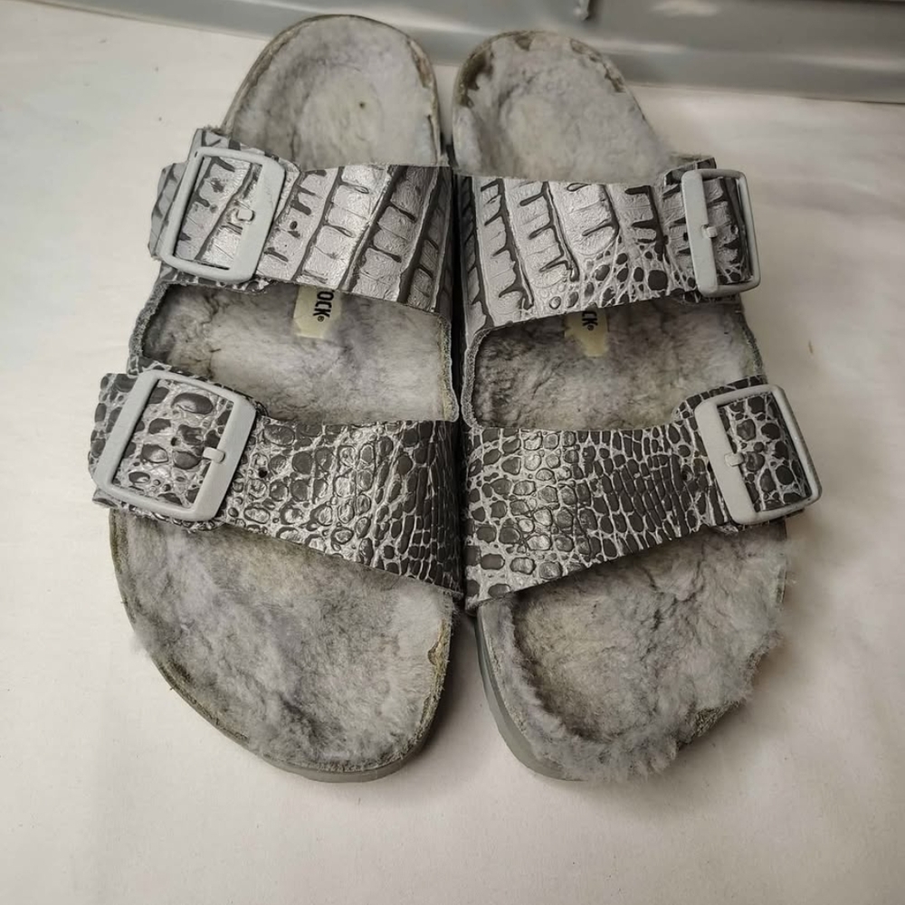 Birkenstock Silver Crocodile Pattern Sandals - image 1